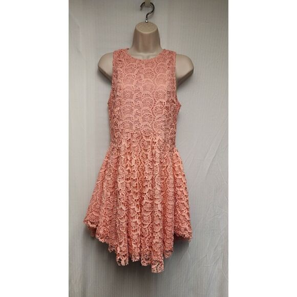 Do +Be Fit & Flare Floral Lace Raw Hem Mini Skater Sleeveless Pink Dress Size M - Picture 2 of 6